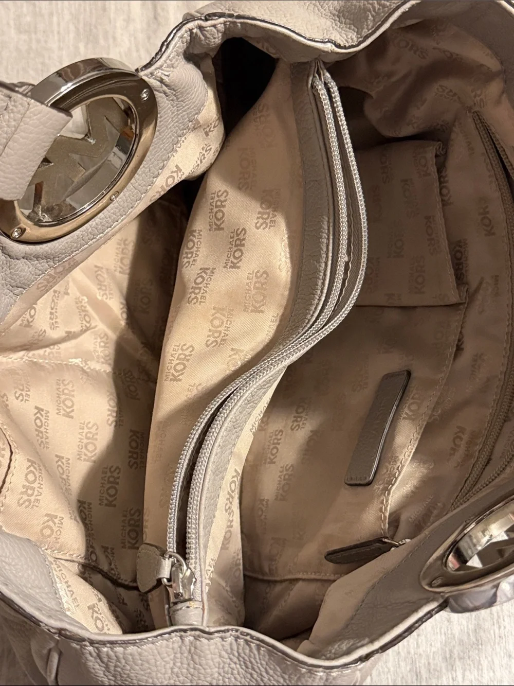 Michael Kors Gray Pebbled Leather Shoulder Bag with MK Pendant